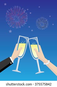 Vector illustration of hands of a couple holding wine glasses with golden sparkling champagne and toasting in front of fireworks in night sky.