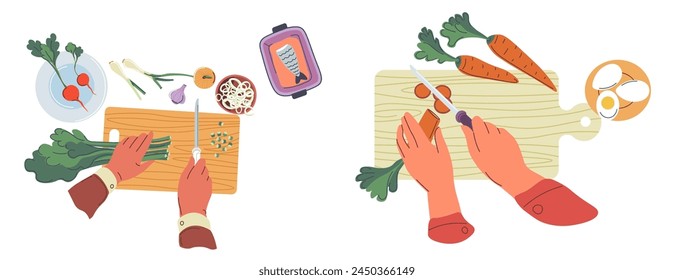 Vector illustration of hands cutting vegetables on a chopping board.