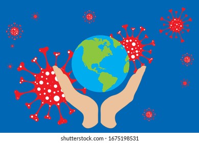 Vector illustration of hands in defensive gesture protection globe spreading virus sign in air. Symbol of disease and coronavirus.