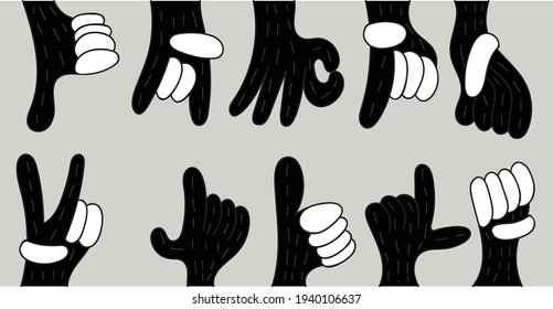 Vector Illustration of hands of different gestures. Set of hands showing different gestures. Hand drawn set of black and white hand shapes. A hand icon collection line. 