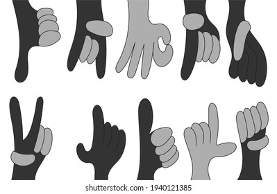 Vector Illustration of hands of different gestures. Set of hands showing different gestures. Hand drawn set of black and white hand shapes. A hand icon collection line.