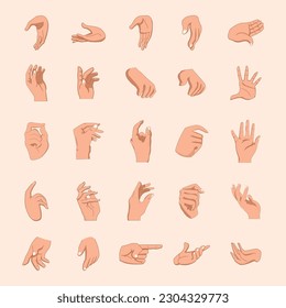 Vector illustration of hands in different gestures emotions and signs isolated on background