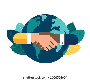 Vector illustration of hands of different nationalities, the conclusion of the contract, the successful partnership and cooperation