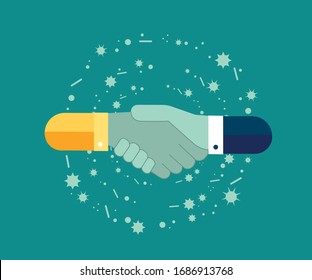 Vector illustration of hands of different nationalities, conclusion of an agreement, shaking hands with protective gloves coronavirus, help, successful partnership and cooperation.