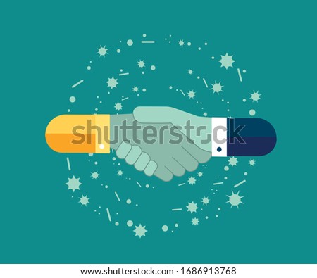 Vector illustration of hands of different nationalities, conclusion of an agreement, shaking hands with protective gloves coronavirus, help, successful partnership and cooperation.