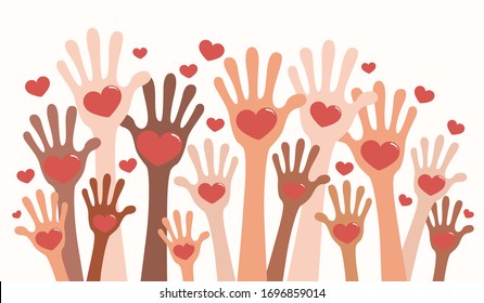 Vector illustration of hands of different people with heart unity concept