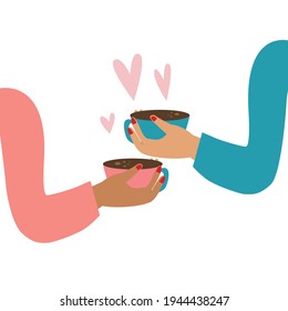 Vector illustration of hands of different people holding a mug of coffee. Coffee break. Coffee lovers. 