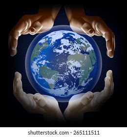 vector illustration hands of different people and the planet earth