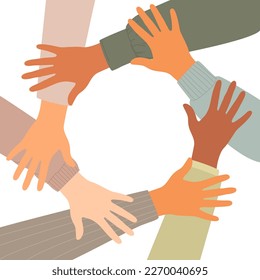 Vector illustration of hands with different skin colors holding each other. The concept of support, unity, teamwork, cohesion.