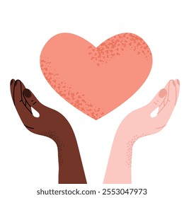 Ilustración vectorial de manos de diferentes tonos de piel sosteniendo un corazón. Un concepto de amor, unidad y Asistencia. Ideal para proyectos de diversidad, inclusión y amabilidad