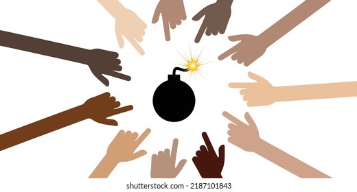 vector illustration of hands of different skincolor with bomb in the middle for uniting for peace 
