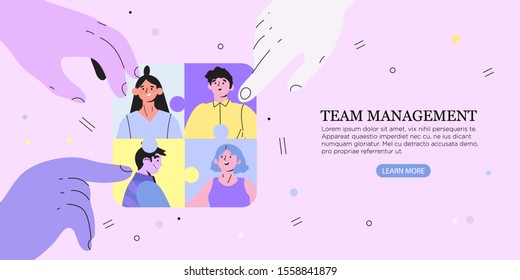 Vector illustration of hands doing jigsaw puzzle with people, coworkers. Company employees coordination, personnel productivity, effective team building and management, teamwork, leadership concept.