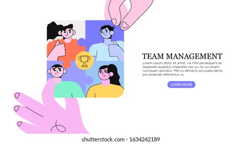 Vector illustration of hands doing jigsaw puzzle with people, coworkers. Company employees coordination, personnel productivity, effective team building and management, teamwork, leadership concept.