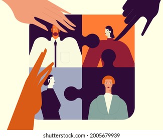 Vector illustration of hands doing jigsaw puzzle with people, coworkers. Company employees coordination, personnel productivity, effective team building and management, teamwork, leadership concept.