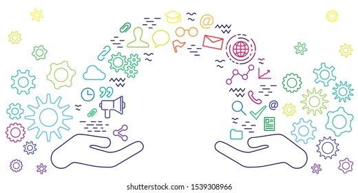 vector illustration of hands and educational icons symbols for collaborations and teamwork development programs