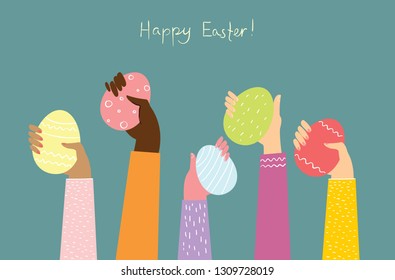 Vector illustration of hands up with the eggs. Easter street event, festival and fair banner, poster design in the flat style