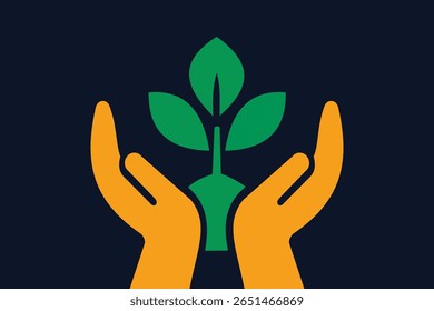 Vektorgrafik von Händen, die eine junge Pflanze umarmen und die Konzepte von Wachstum, Pflege, Schutz und Umweltbewusstsein symbolisieren. Perfekt für ökologische, pflegende und naturnahe Projekte.