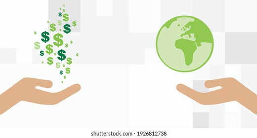 vector illustration of hands exchanging money to planet for natural resources 