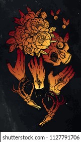 Vector illustration. hands with eyes, bones, skull, bouquet of peonies, mysticism. prints on T-shirts, tattoo. background chalkboard, Red Yellow color