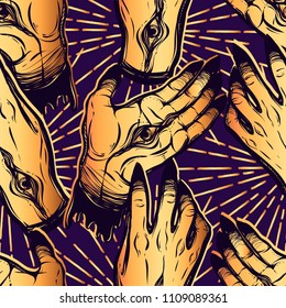 Vector illustration. Hands with eyes. Handmade, prints on T-shirts, tattoos. seamless pattern, purple background, gold color