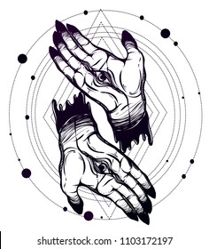 Vector illustration. Hands with eyes, mysticism. Handmade, tattoos, prints on T-shirts. background white, black purple color