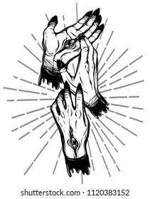 Vector illustration. hands with eyes, mysticism. Handmade, prints on T-shirts. background white, tattoos