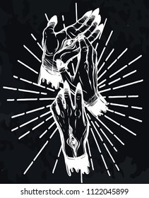 Vector illustration. hands with eyes, mysticism. Handmade, prints on T-shirts, tattoos. background chalkboard