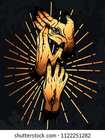 Vector illustration. hands with eyes, mysticism. Handmade, prints on T-shirts. background chalkboard, tattoos, gold color