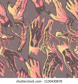 Vector illustration. hands with eyes, mysticism, prints on T-shirts, Handmade,seamless pattern,dark background, pink yellow color