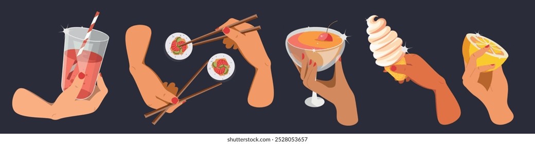 Vector illustration. Hands with food, set, food design. Food and drinks.