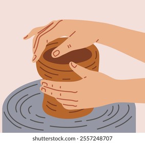 Vector illustration of hands forming a clay pot on a pottery wheel. Ceramic pottery making process. Close-up. Flat cartoon style. Pottery workshop. Hobby or leisure.