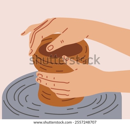 Vector illustration of hands forming a clay pot on a pottery wheel. Ceramic pottery making process. Close-up. Flat cartoon style. Pottery workshop. Hobby or leisure.