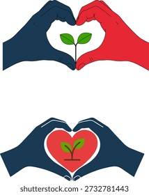 vector illustration of hands forming a heart symbol around a growing green plant on a Transparent, Png ,Eps file