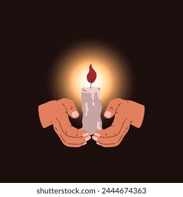 Vector illustration of hands gently holding a candle, casting a warm glow, conveying a message of remembrance, hope, and solemnity.