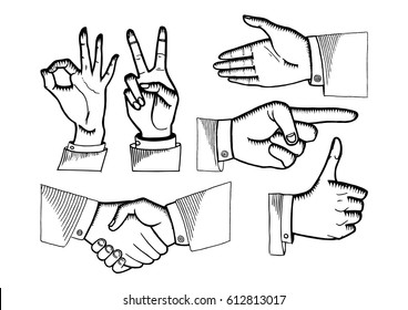 Vector illustration of hands gestures set in ink hand drawn style: ok, victory, indication direction, open palm, handshake, thumbs up. Black and white engraving stylization.