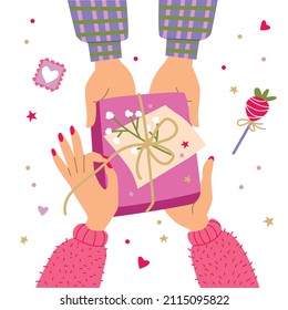 Vector illustration with hands and gift. Wrapping christmas gift box preparing for celebration saint Valentine s day. Love inspiration.
