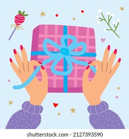 Vector illustration with hands and gift. Wrapping christmas gift box preparing for celebration saint Valentine s day. Love inspiration.
