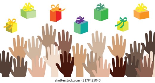 vector illustration of hands and gifts for holiday season sales and products on demand