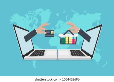 Vector illustration of hands giving goods and credit card out of laptop screen. Shopping online virtual shopping transaction concept. Eps flat horizontal image.