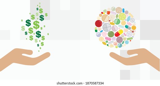 vector illustration of hands giving money and pills for pharmacy business 