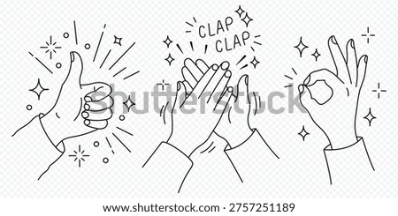 Vector illustration of hands giving thumbs up, clapping, and making okay sign with sparkles and clap text