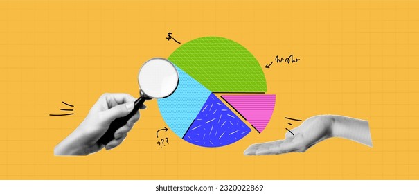 Vector illustration with hands and a graphic. Halftone collage in bright colours.  Hand with magnifying glass and circular diagram. Yellow background. 