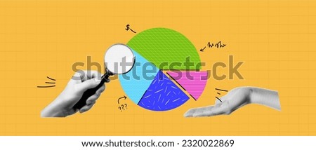 Vector illustration with hands and a graphic. Halftone collage in bright colours.  Hand with magnifying glass and circular diagram. Yellow background. 