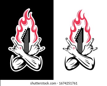 Vector illustration of hands with guitar and fire. Template for a music album, tattoo, modern poster, rock print for t-shirt, sticker or logo. Retro badge in color version.