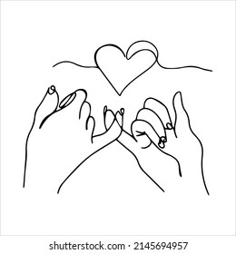 Vector illustration of hands. Hand gesture signifying peace and love. Crossed little fingers. Single line heart icon. Hand drawn, couple in love.