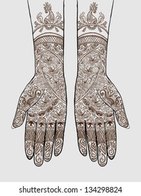 Vector illustration of hands with henna tattoos on them. Concept for Indian bridal salon, services, event planning, partnership, b2b local marketing, diversity, love, wedding, celebration, invitation.