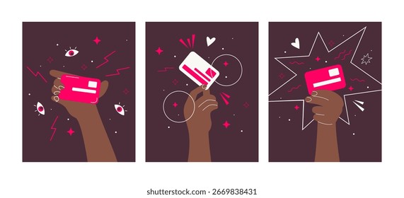 Vector illustration. The hands hold the card for payment. Credit Finance Payment Sale Business