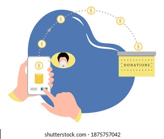 Ilustración de vectores Manos mantener el teléfono celular Transferencia de donación en línea Transferencia de dinero móvil Operaciones financieras en banca en línea La gente envía dinero usando móvil para caridad Recaudación de fondos Diseño para impresión web