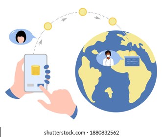Ilustración de vectores Manos mantener el teléfono celular Transferencia de donación en línea Transferencia de dinero móvil Operaciones financieras en banca en línea La gente envía dinero usando móvil para caridad Recaudación de fondos Diseño para impresión web