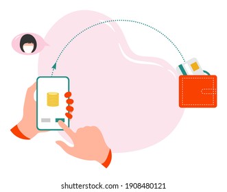 Vector illustration Hands hold cell phone Mobile money transfer Online around the world Financial operations in online banking. People sending money from cell. Financial symbols. Design for web, print